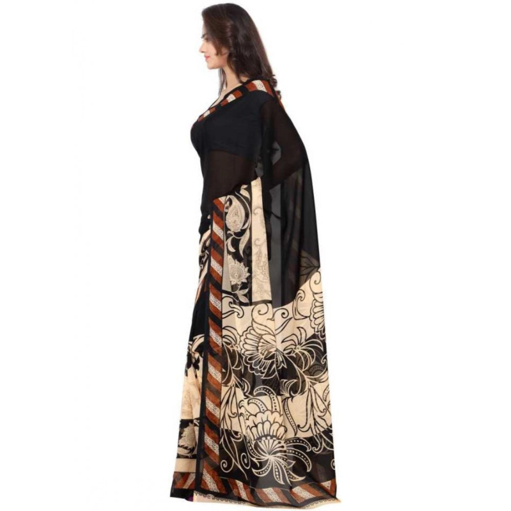 Printed Faux Georgette Black Color Saree