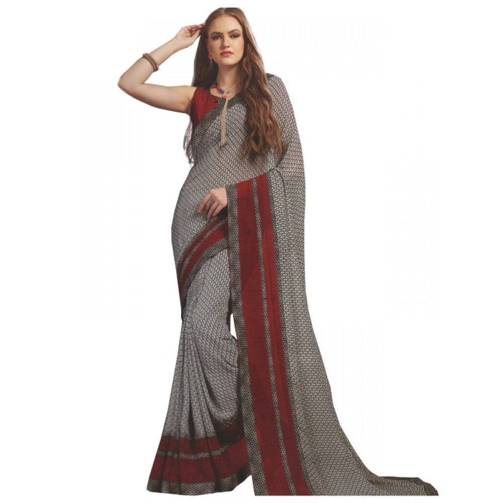 Generic Womens Georgette Digital Printed Saree (Grey, Red, 6.25 Mtr)