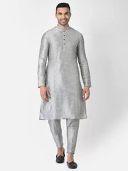 AHBABI Pyjama-Set für Herren aus einfarbiger Dupionseide, Kurta, Silber