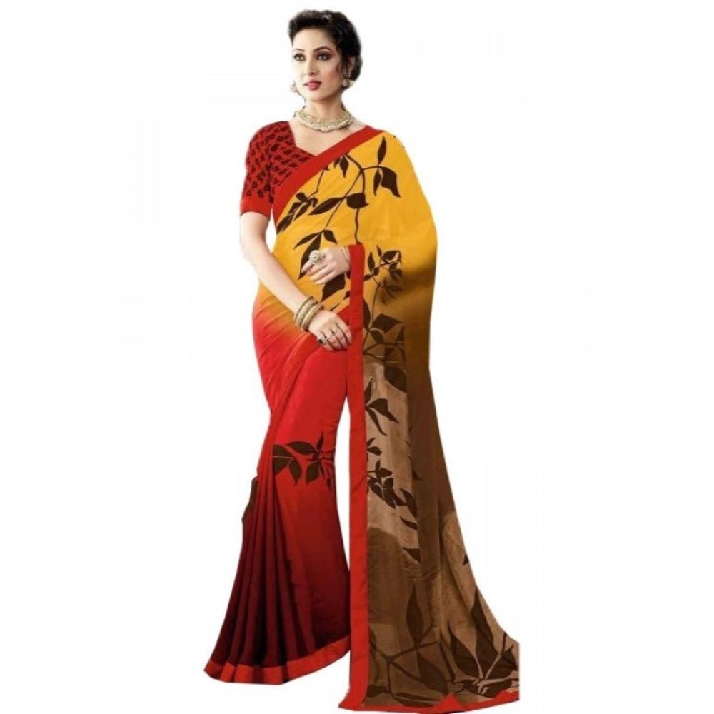 Generic Womens Georgette Digital Printed Saree (Red, Yellow, 6.25 Mtr)