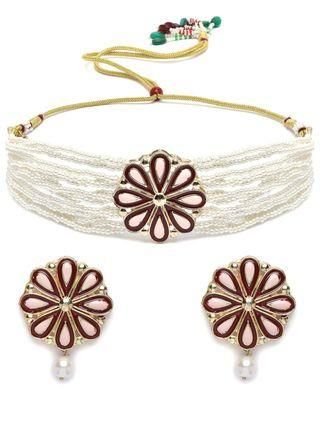 Karatcart vergoldetes, kastanienbraunes Meena-Halsketten-Set mit floralen Perlen und Kundan-Perlen für Damen