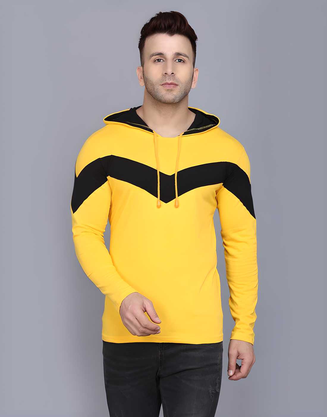 Cotton Color Block Full Sleeves Hooded T-Shirt