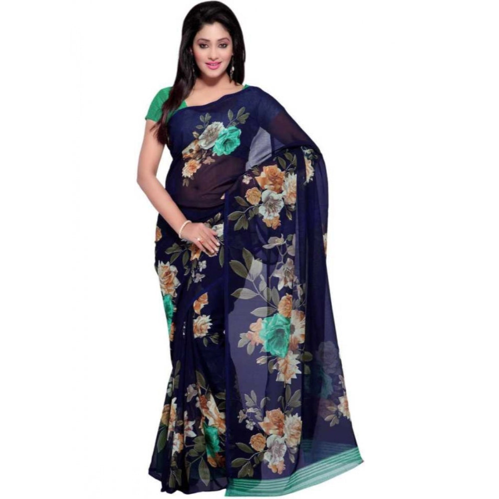 Printed Faux Georgette Blue Color Saree