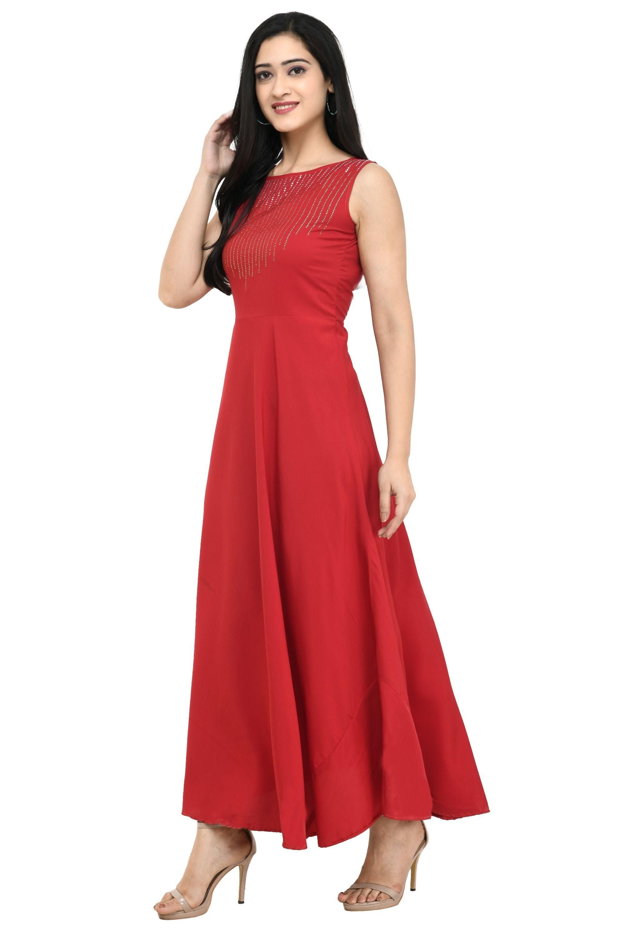 Oceanista Damen Maxikleid mit Kreppverzierung, Partywear, Rot