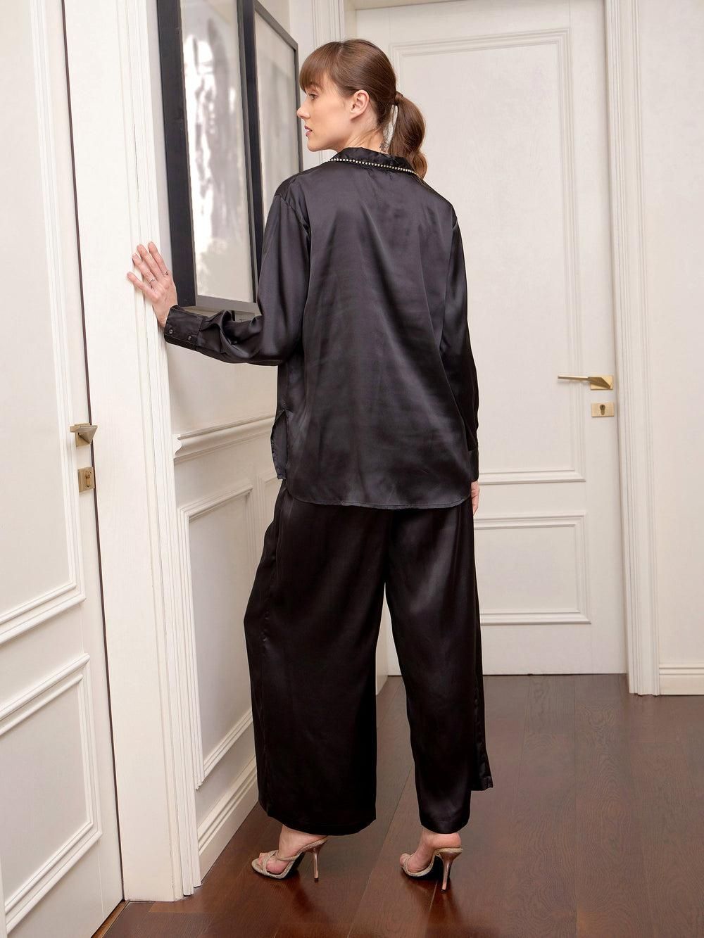 Sassafras Women's Black Satin Longline Shirt With Lounge Pants