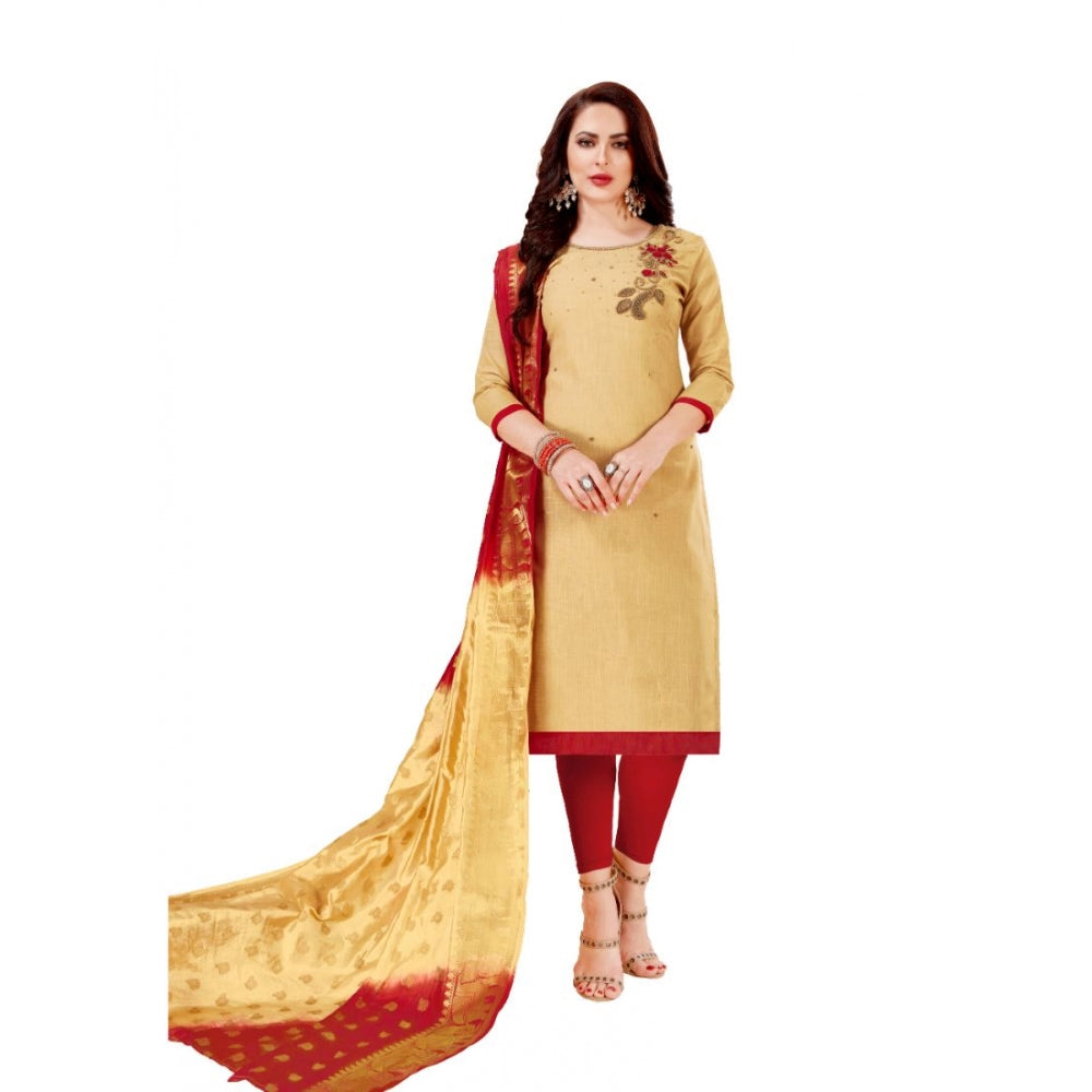 Generic Women's Slub Cotton Unstitched Salwar-Suit Material With Dupatta (Sandel, 2-2.5mtrs)