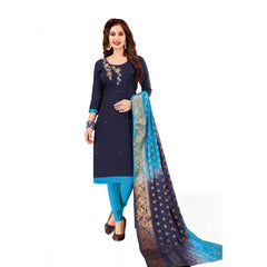 Generic Women's Slub Cotton Unstitched Salwar-Suit Material With Dupatta (Navy Blue, 2-2.5mtrs)