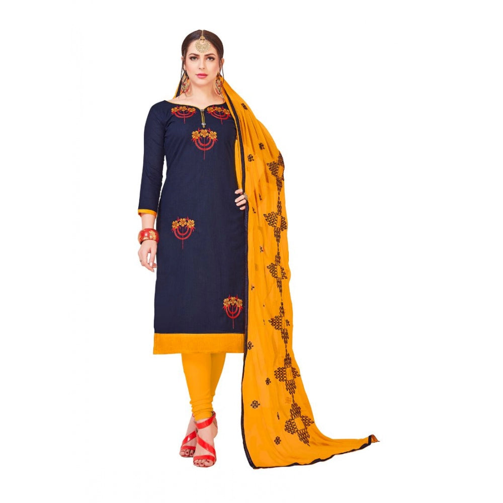 Generic Women's Slub Cotton Unstitched Salwar-Suit Material With Dupatta (Navy Blue, 2-2.5mtrs)