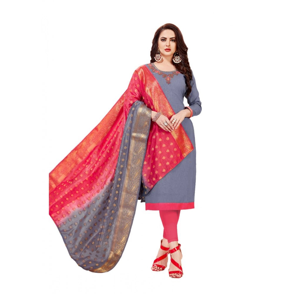 Generic Women's Slub Cotton Unstitched Salwar-Suit Material With Dupatta (Grey, 2-2.5mtrs)