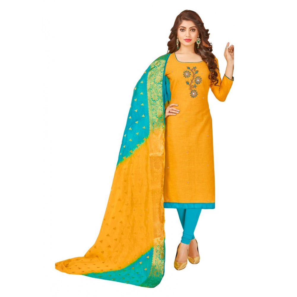 Generic Women's South Slub Cotton Unstitched Salwar-Suit Material With Dupatta (Yellow, 2-2.5mtrs)