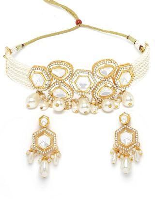 Karatcart Pearl Beaded Polki Kundan Choker Necklace Set for Women