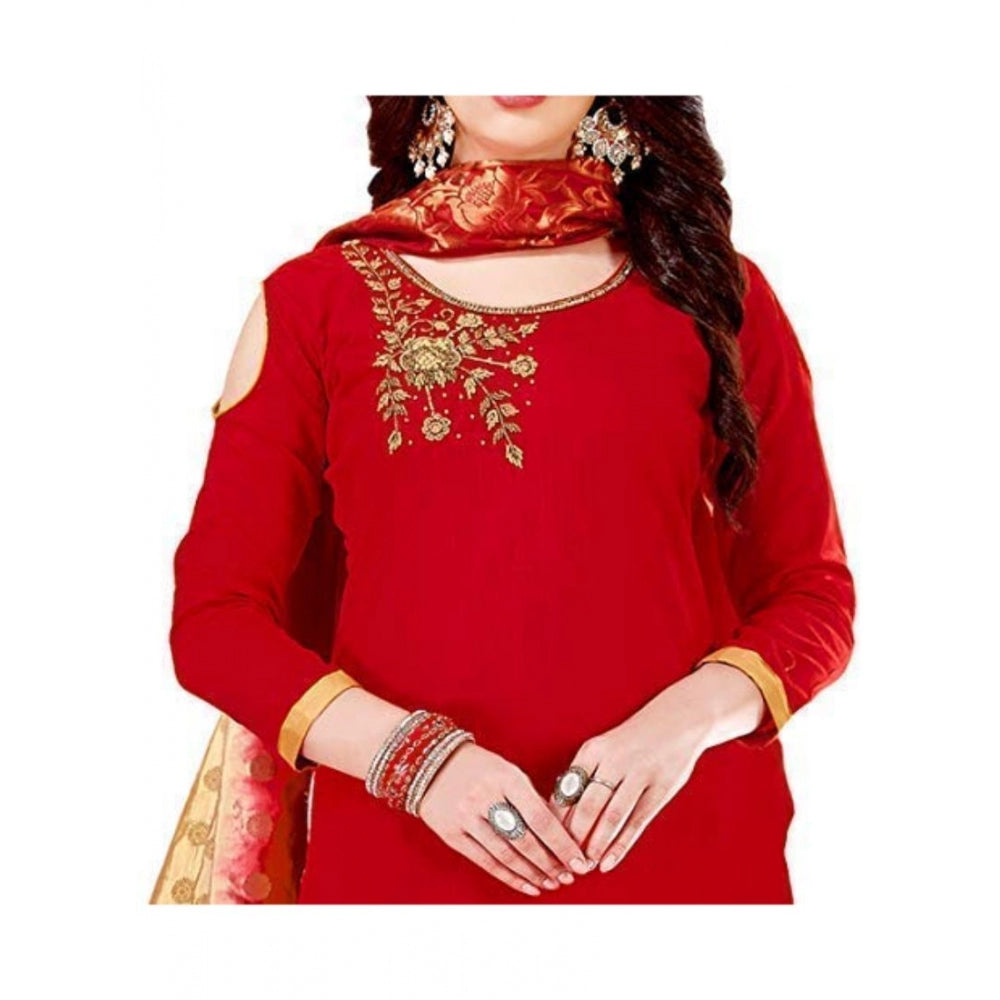 Generic Women's Slub Cotton Unstitched Salwar-Suit Material With Dupatta (Red, 2 Mtr)