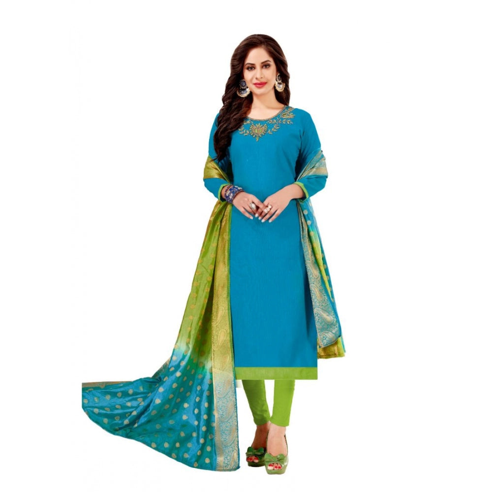 Generic Women's Slub Cotton Unstitched Salwar-Suit Material With Dupatta (Sky Blue, 2 Mtr)