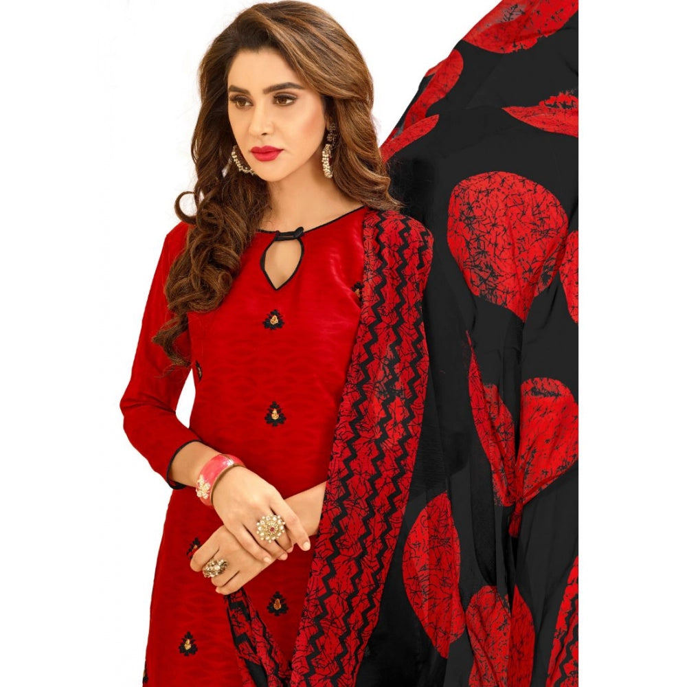 Generic Women's Cotton Jacquard Unstitched Salwar-Suit Material With Dupatta (Red, 2 Mtr)