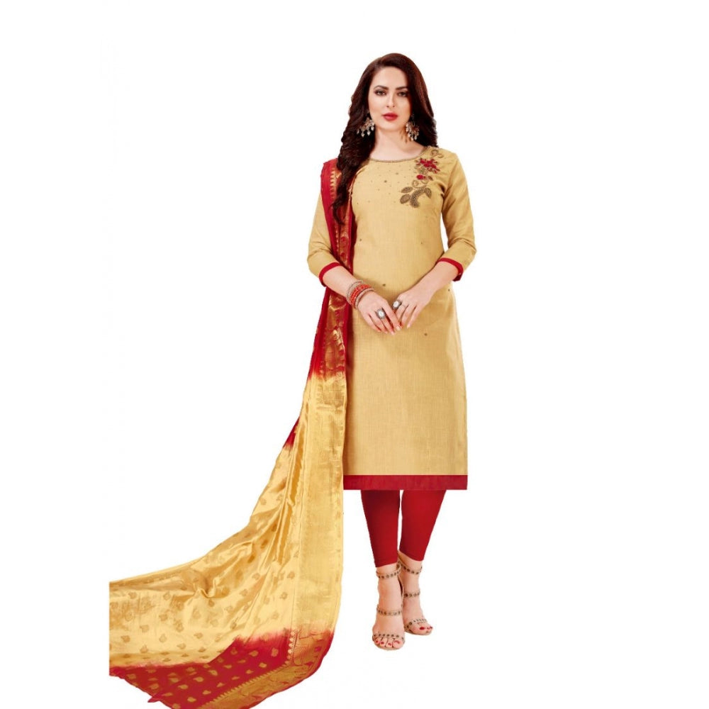 Generic Women's Slub Cotton Unstitched Salwar-Suit Material With Dupatta (Beige, 2 Mtr)