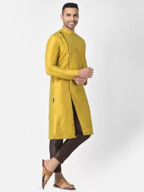 AHBABI Men's Solid Slit Style Dupion Silk Kurta Pyjama Set Mustard-Brown