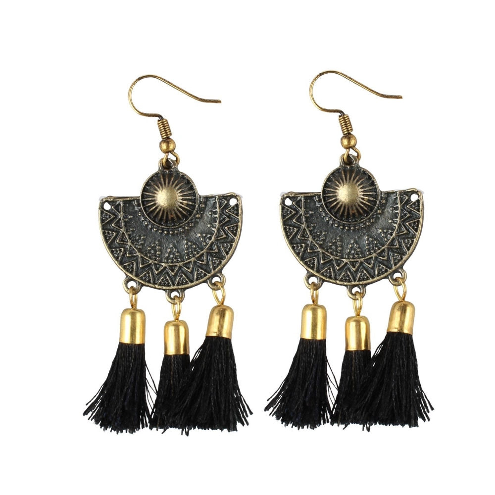 Generic Women's Gold Plated Tassel Fashion Earrings-Black