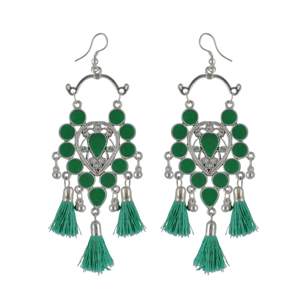 Generic Women's Silver Plated Afgani Tassel Earrings-Green