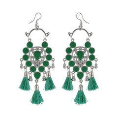 Generic Women's Silver Plated Afgani Tassel Earrings-Green