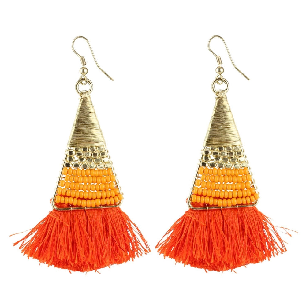 Generic Women's Alloy, Beads Hook Dangler Hanging Tassel Earrings-Multicolour