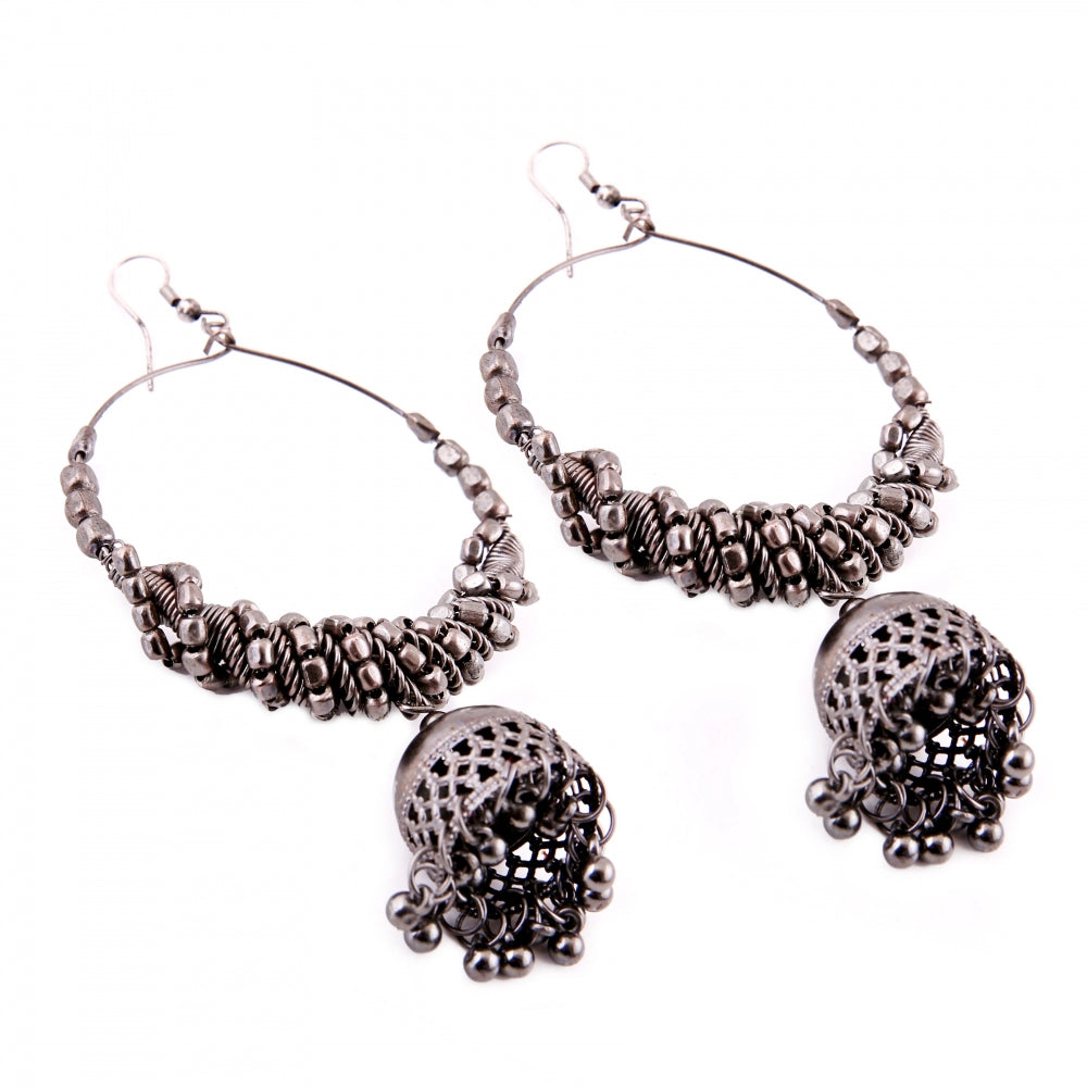 Generic Women's Silver Oxidized Hook Dangler Hanging Afgani Tribal Fancy Earrings-Silver