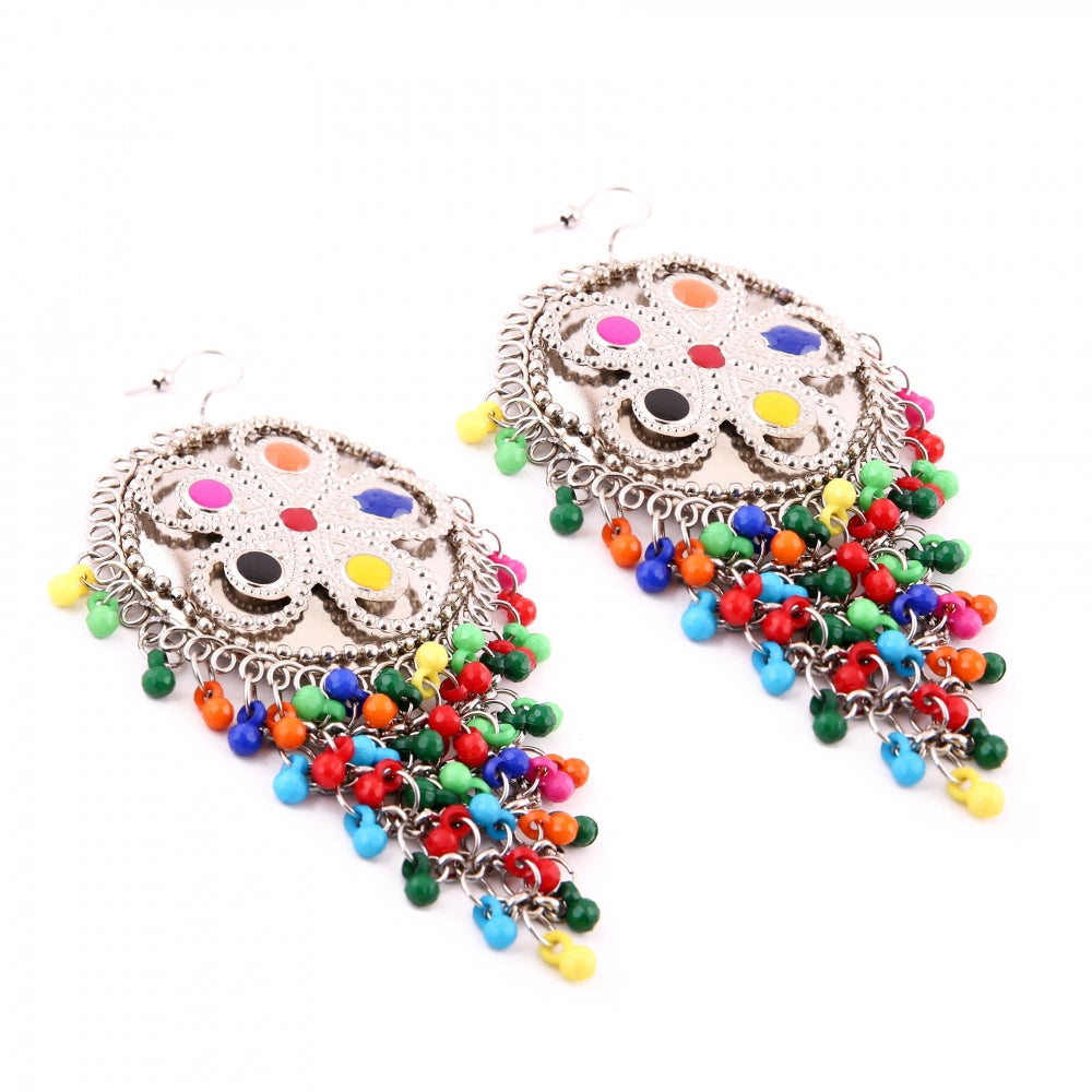 Generic Women's Silver Oxidized Hook Dangler Hanging Afgani Tribal Fancy Earrings-Multicolour