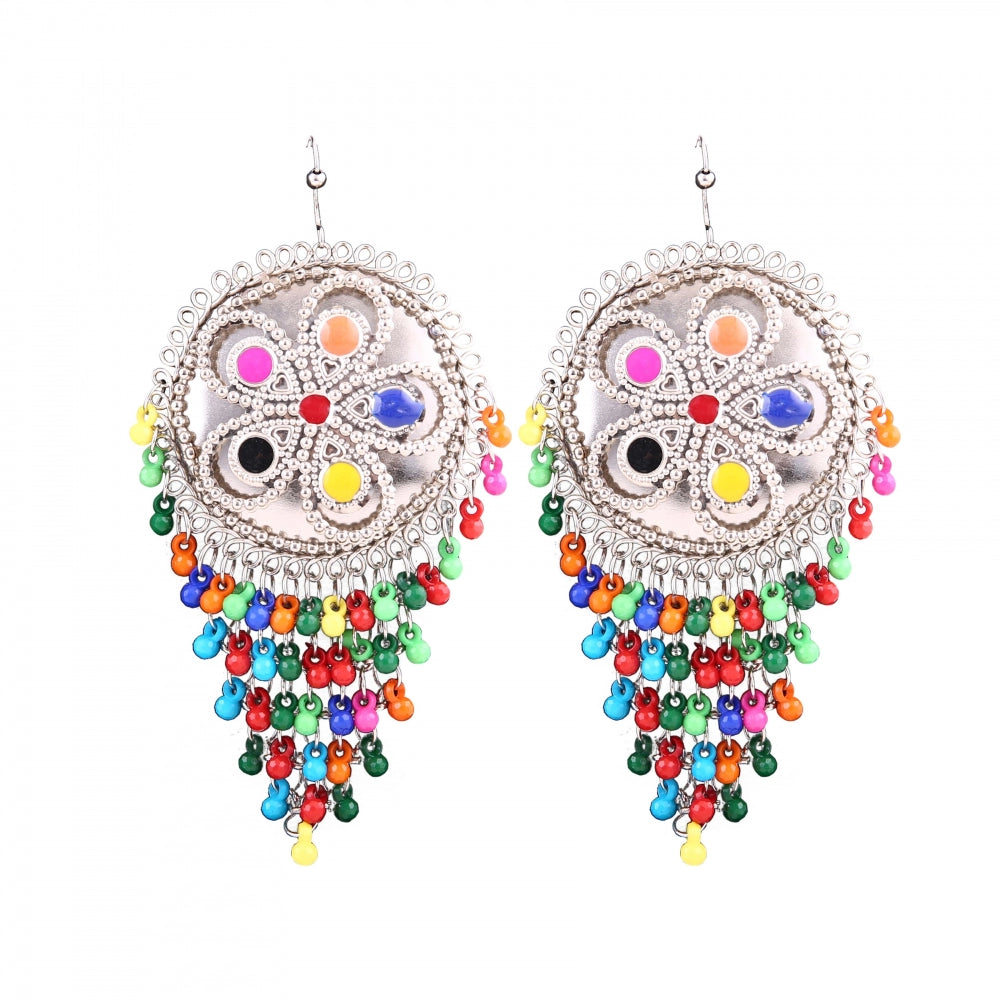 Generic Women's Silver Oxidized Hook Dangler Hanging Afgani Tribal Fancy Earrings-Multicolour