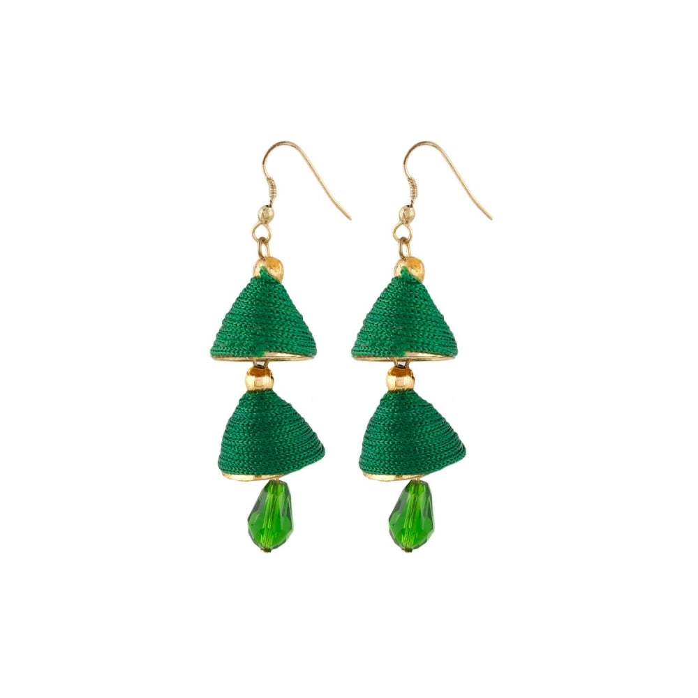 Generic Women's Thread Hook Dangler Hanging Jhumki Earrings-Green