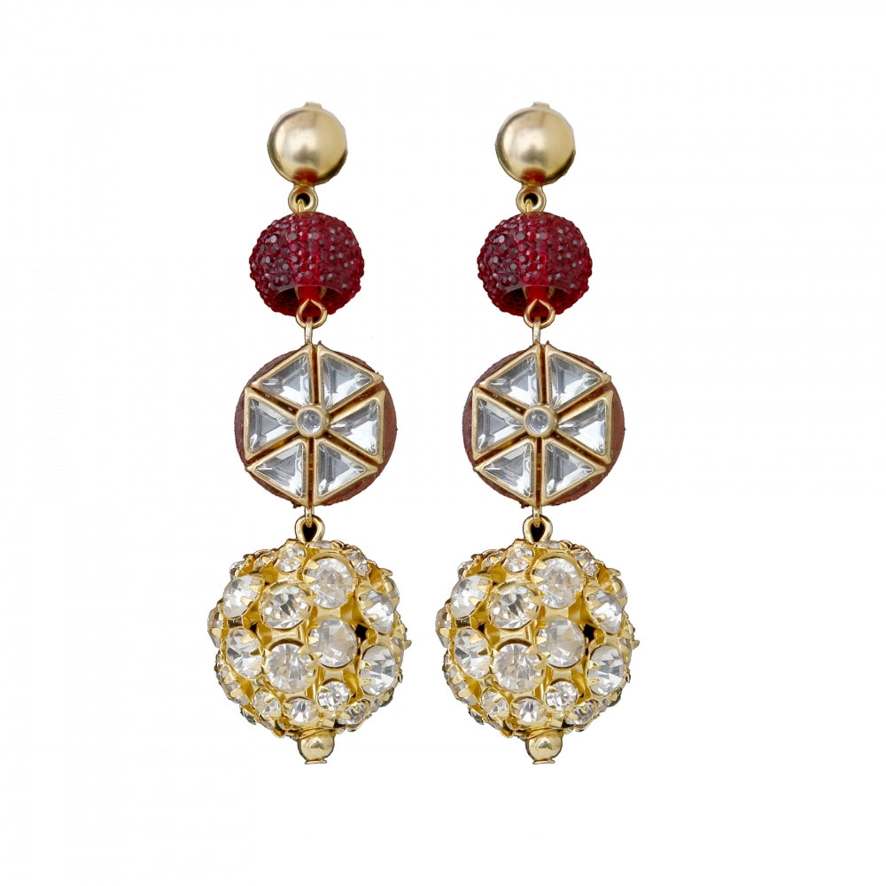 Generic Women's Golden plated Hook Dangler Hanging Crystal Kundan Earrings-Golden