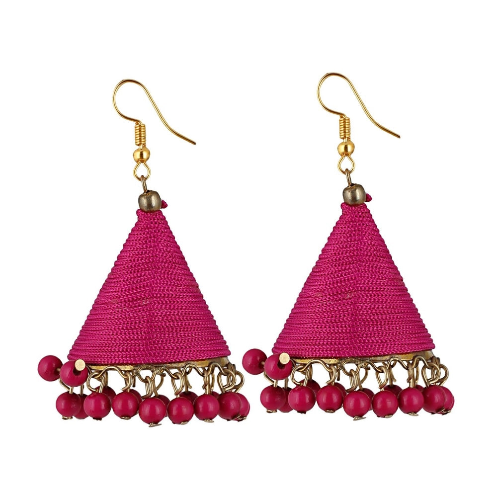 Generic Women's Thread Hook Dangler Hanging Jhumki Earrings-Pink