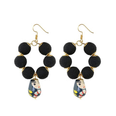 Generic Women's Alloy, Thread Hook Dangler Hanging Hand painted Earrings-Black