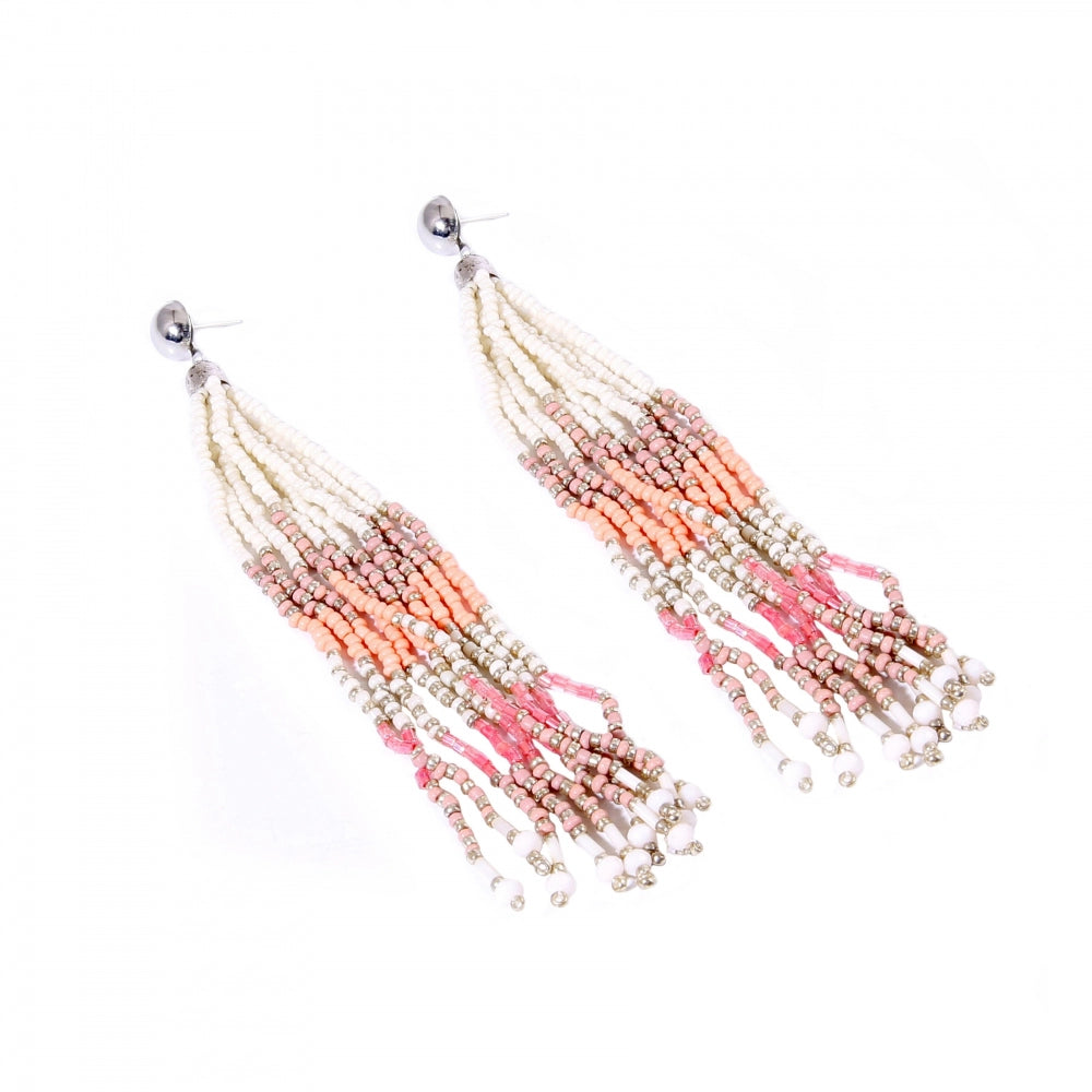 Generic Women's Alloy, Beads Hook Dangler Hanging Thread Earrings-Pink