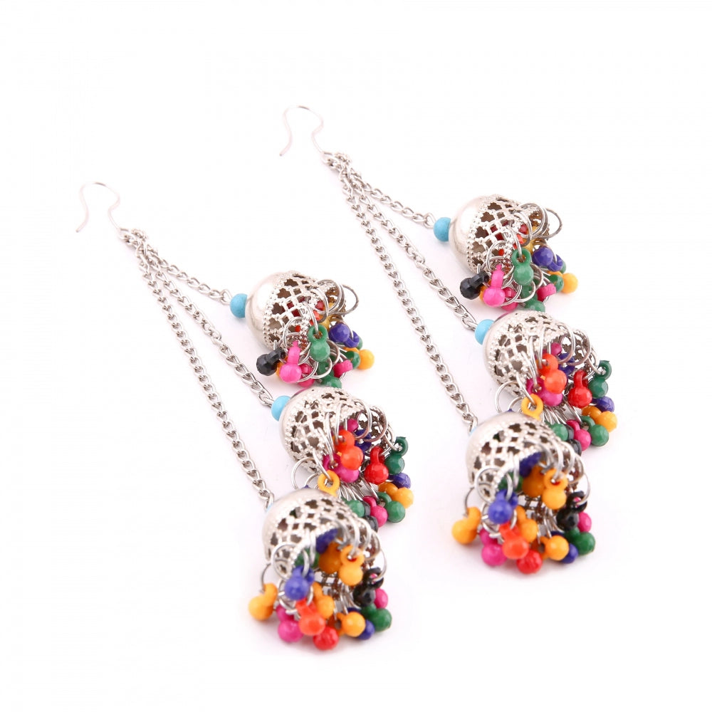 Generic Women's Silver Oxidized Hook Dangler Hanging Earrings-Multicolour