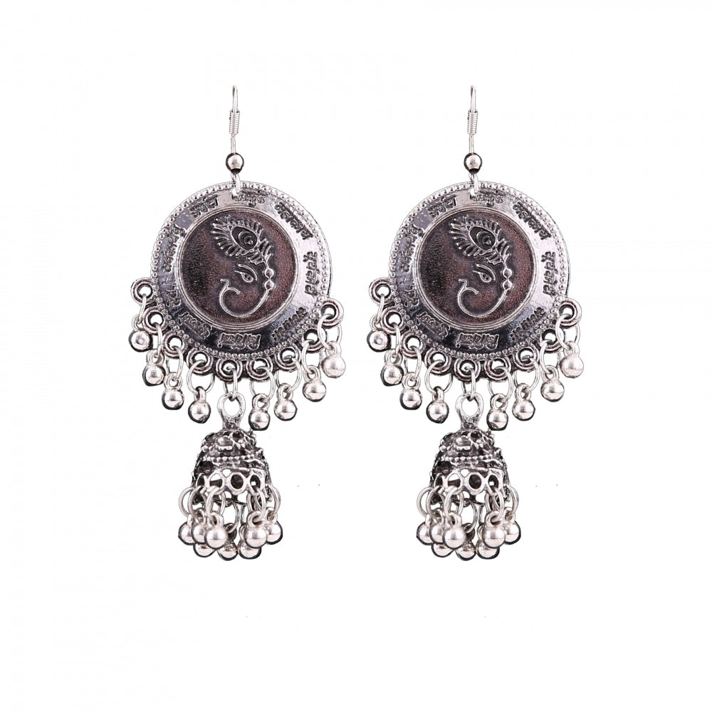 Generic Women's Silver Oxidized Hook Dangler Hanging Afgani Tribal Fancy Earrings-Silver