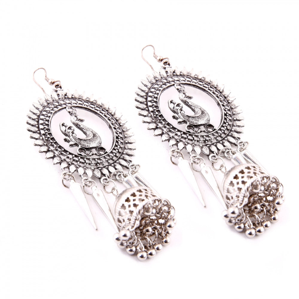 Generic Women's Silver Oxidized Hook Dangler Hanging Afgani Tribal Fancy Earrings-Silver