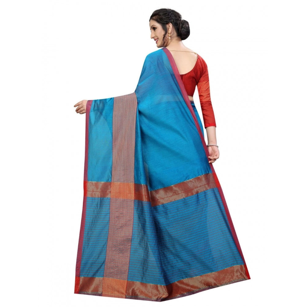 Generic Women's Cotton Saree With Blouse (Sky Blue, 5-6 Mtrs)