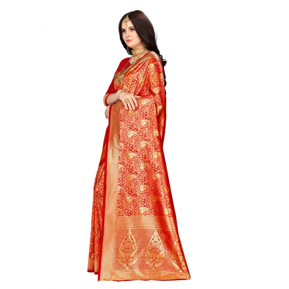 Generic Women's Banarasi silk Saree with Blouse (Red, 5-6mtr)