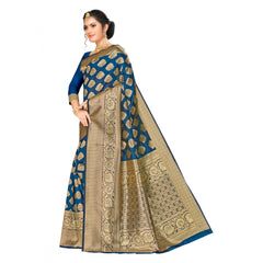 Generic Women's Banarasi silk Saree with Blouse (Navy blue, 5-6mtr)