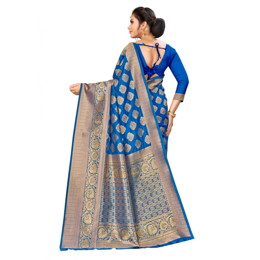 Generic Women's Banarasi silk Saree with Blouse (Blue, 5-6mtr)