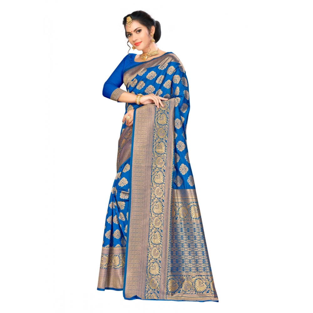 Generic Women's Banarasi silk Saree with Blouse (Blue, 5-6mtr)