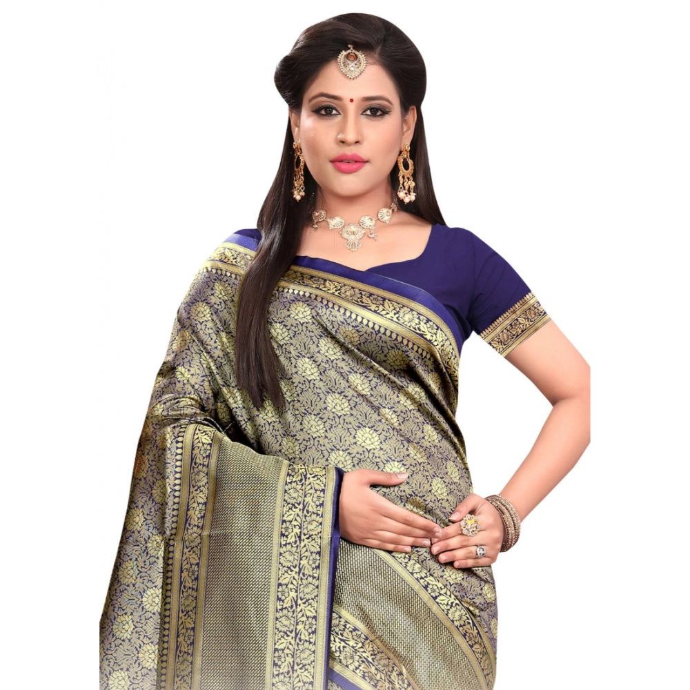 Generic Women's Banarasi silk Saree with Blouse (Navy blue, 5-6mtr)