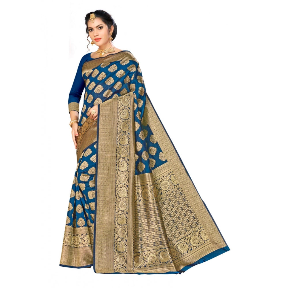 Generic Women's Banarasi silk Saree with Blouse (Navy blue, 5-6mtr)