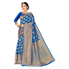 Generic Women's Banarasi silk Saree with Blouse (Blue, 5-6mtr)