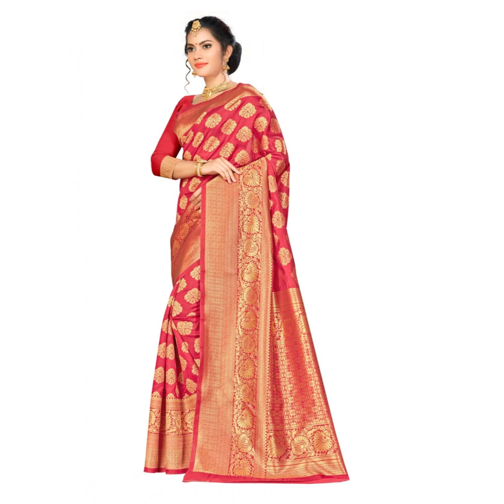 Generic Women's Banarasi silk Saree with Blouse (Red, 5-6mtr)