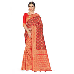 Generic Women's Banarasi silk Saree with Blouse (Red,black, 5-6mtr)