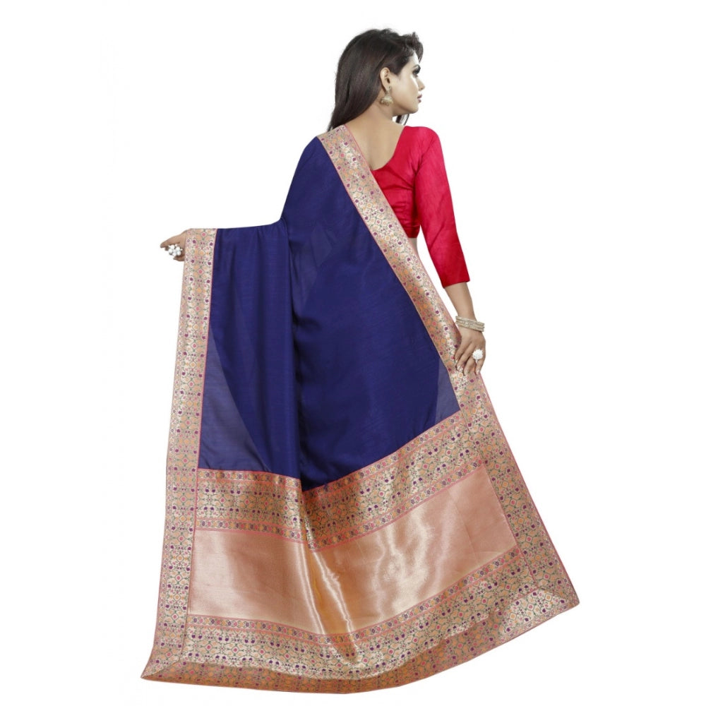 Generic Women's Vichitra Silk Saree with Blouse (Blue,5-6 mtrs)