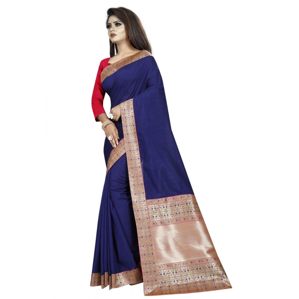 Generic Women's Vichitra Silk Saree with Blouse (Blue,5-6 mtrs)