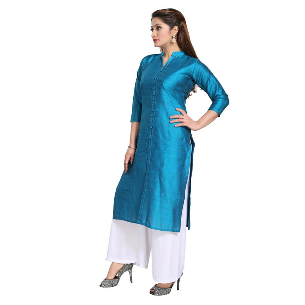 Generic Women's Silk Self Pattern Straight Kurti-Blue