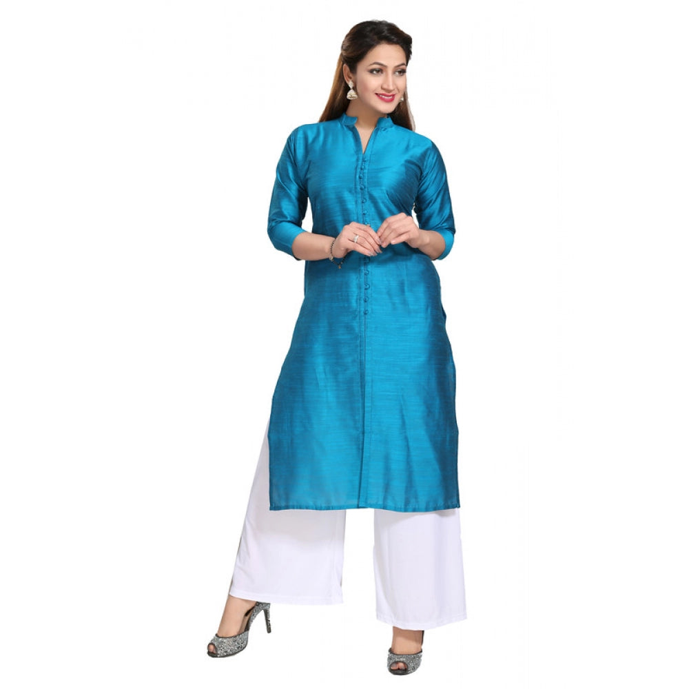 Generic Women's Silk Self Pattern Straight Kurti-Blue