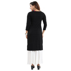 Generic Women's Rayon Embroidered Straight Kurti-Black